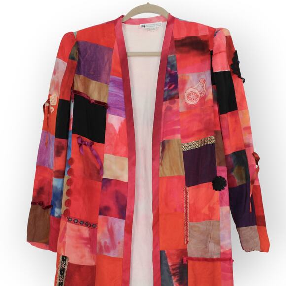 Vintage 24Collection Silk Patchwork Long Open Jacket Fuschia Lightweight - Picture 5 of 11